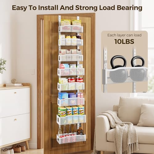 Delamu White 8-Tier Over-the-Door Pantry Organizer & Spice Rack, Adjustable Wall Mount Storage for Kitchen & Bathroom, 12 Inch