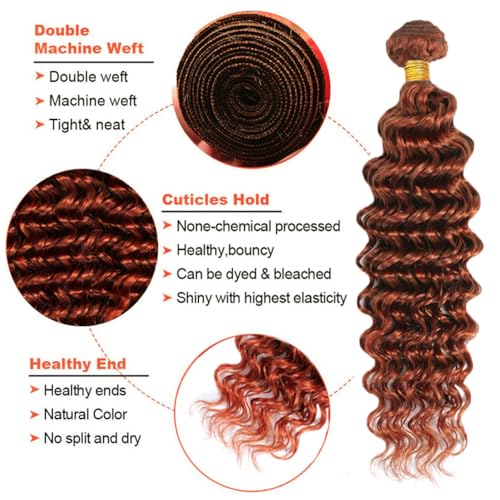 Human Hair Extensions 14-18 Inch Reddish Brown Deep Wave Bundles - 3 Pack