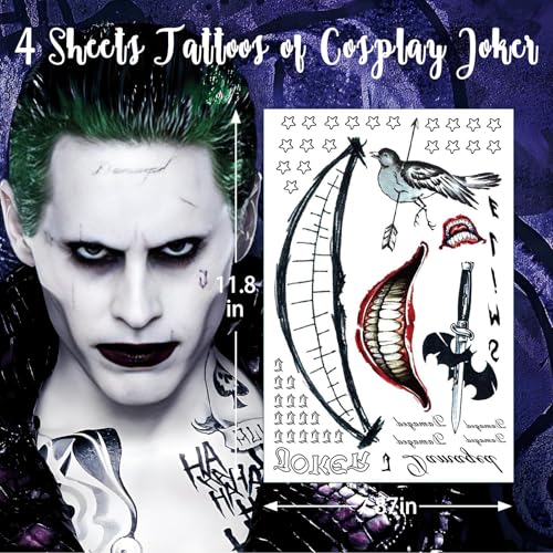 Joker Tattoos 4 Sheets,Halloween Temporary Tattoos for Men,Suicide Squad Fake Tattoo Stickers For Adults,Clown Costume Masquerade Cosplay Party Accessories Face Makeup,Large Size Waterproof