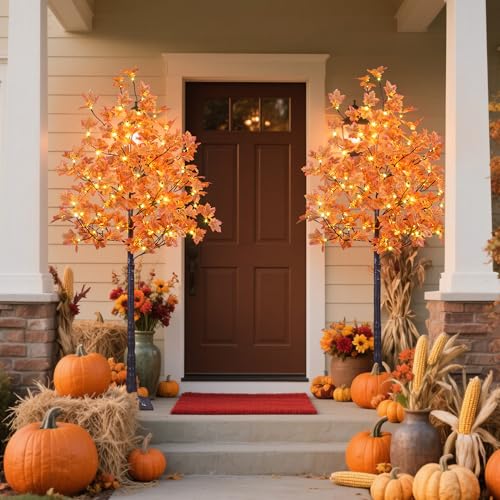 LIGHTSHARE 6ft 2-Pack Lighted Maple Trees with 240 Warm White LEDs Indoor Outdoor Fall Decor
