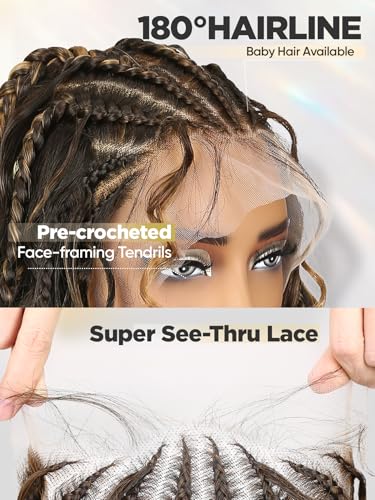 Blonde Highlight 13x6 Lace Front Braided Wig for Black Women 26 Inch Curly Cornrow Boho Wig with Face Framing