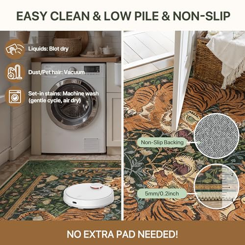 Green Tiger Print Washable Area Rug 6x9 Non Slip for Living Room & Bedroom