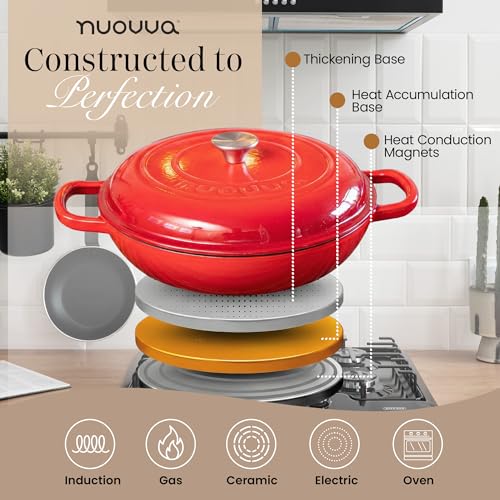 Red 5-Quart Shallow Cast Iron Enamelled Dutch Oven with Lid - Sturdy Ovenproof Cookware