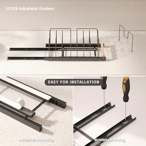 Magheo 2 Pack Black Pull-Out Under-Cabinet Pots & Pans Organizer, 16.7-23.6" Depth with 10 Adjustable Dividers
