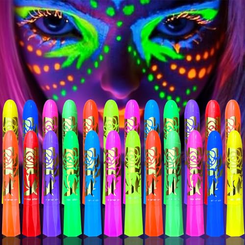 Glow in The Dark Face Body Paint, Glow In The Dark Under UV Black Light Sticks Makeup Neon Face Painting Kits for Adult Halloween Festival Accessory Glow Party Supplies (24 color pen)