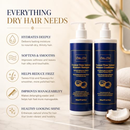 Baby Hair Coconut Tress™ Intense Moisture Shampoo & Conditioner Set - Deep Hydrating Hair Care Duo with Coconut Milk, Macadamia & Camellia Oils - 16.9 oz Each - For Soft, Manageable Hair