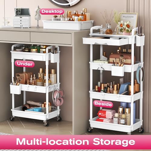 4-Tier White Rolling Makeup Organizer Cart with Removable Drawer - Goovilla