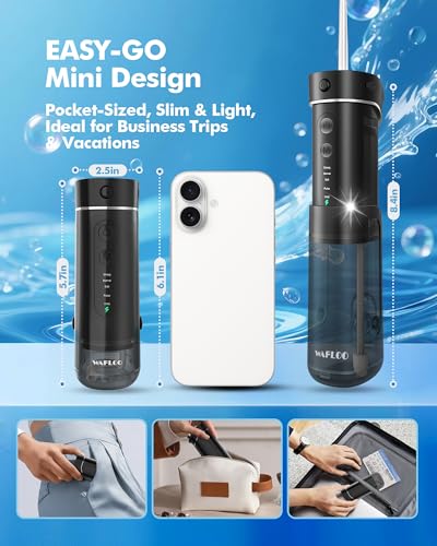 WAFLOO Portable Water Flosser for Braces Black - 5 Modes, Travel Cordless Oral Irrigator