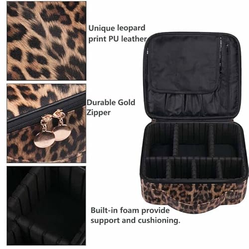Uongeod Travel Makeup Bag Leopard Print PU Leather Cosmetic Makeup Bag Organizer case with Adjustable Dividers for Women