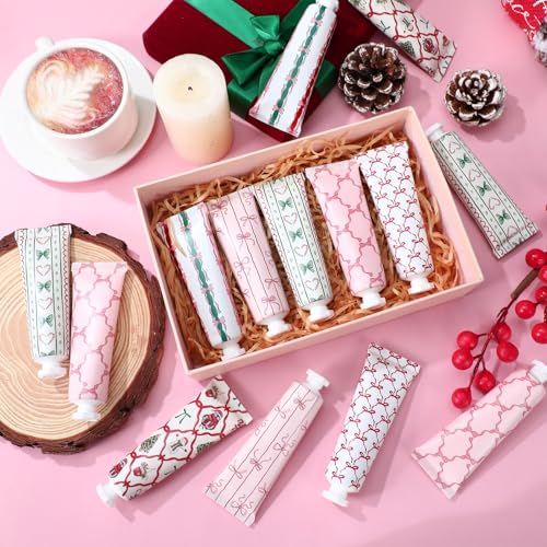24 Pcs Pink Bow Christmas Hand Cream Gifts Bulk for Women - Moisturizing Hand Care Set with 6 Designs, 30ml Travel Size