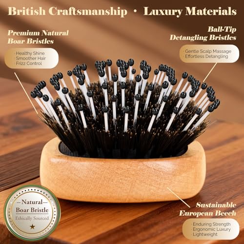 Mini Boar Bristle Hair Brush - Handmade British Craftsmanship, Detangler & Smoothing