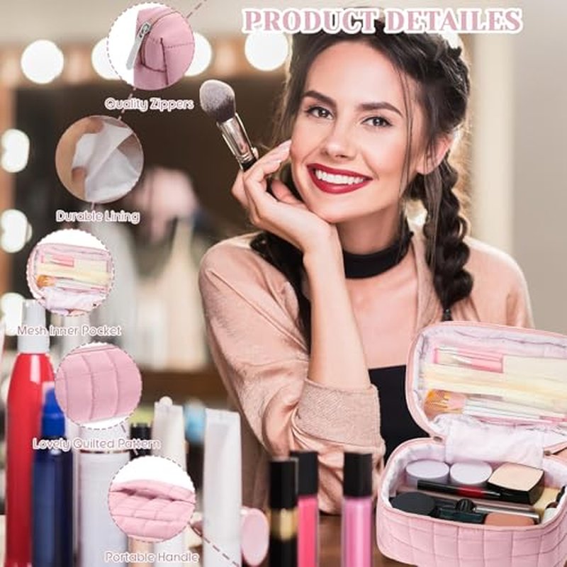 3 Pcs Large Puffy Makeup Bag Set Quilted Cosmetic Pouch for Women Cute Checkered Travel Toiletry Bag Puffer Makeup Organizer Purse Pouch Preppy Pencil Case with Zipper Valentine Gift(Pink)