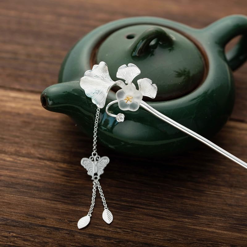 Silver Ginkgo Leaf Hairpin with Jade and Butterfly Tassel - Hanfu Style Hair Accessories for Women