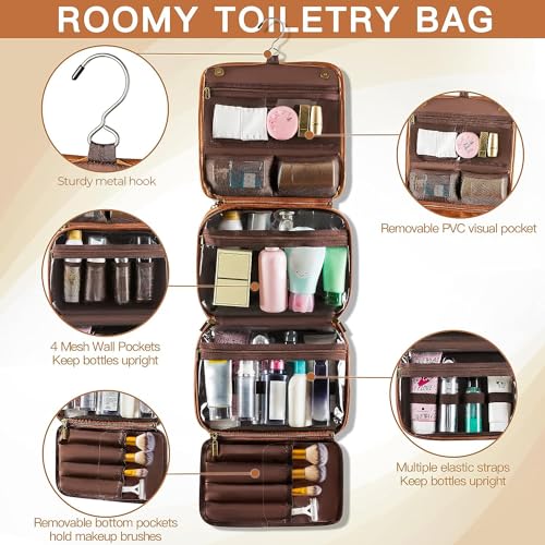 Men's PU Leather Hanging Toiletry Bag with Detachable Compartments - Brown