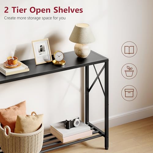Black Narrow Console Table 41.8-inch with 2 Shelves Entryway Sofa Table