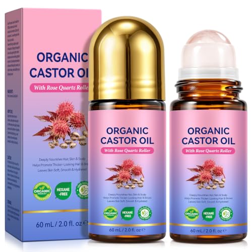 ITSDAWN 2 Pack Organic Cold-Pressed Castor Oil with Rose Quartz Roller Ball (2 Fl Oz)