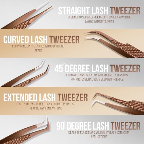 Rose Gold Fiber Tip Eyelash Extension Tweezers 5 Pcs Set with Leather Case