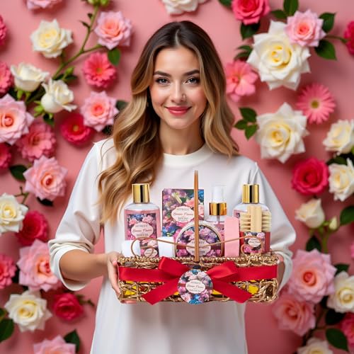 Hitrees Rose & Jasmine Gift Basket for Women, 9-Piece Spa Set with Body Care