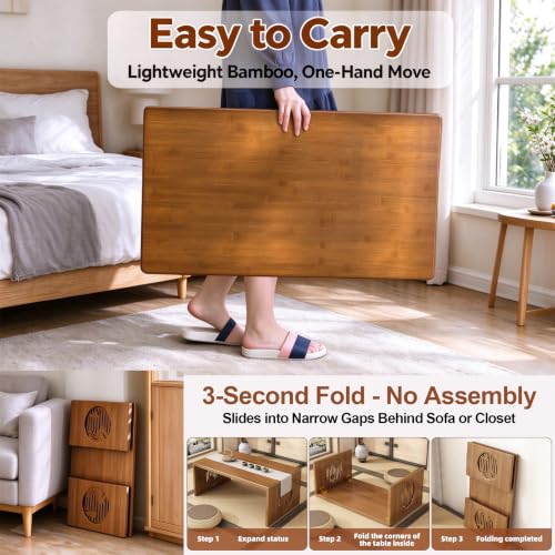 Folding Japanese Floor Table 31.5 inch - Ekjkldo 80cm Bamboo Low Coffee Table