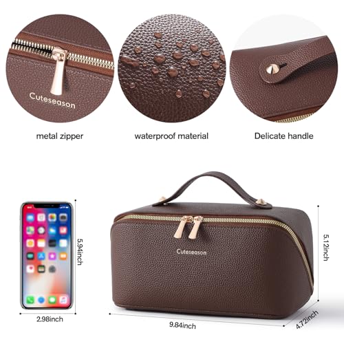 Makeup Bag, Travel Toiletry Bag for Women, Large Capacity Waterproof PU Leather Cosmetic Bags Make Up Organizer Bags with Headband and Wristband Set (Black, Lychee Pattern)