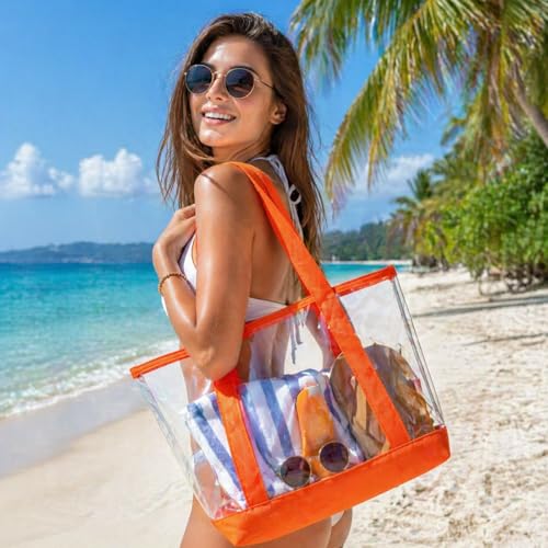 Reginary Clear Tote Bags 8-Pack with Zipper - Orange Polyvinyl, Security Approved for Travel & Events