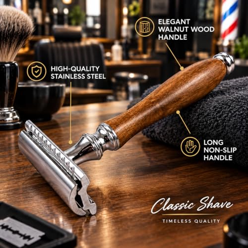 (4.5 Inch) Long Wood Handle Safety Razor for Men Women - Double Edge