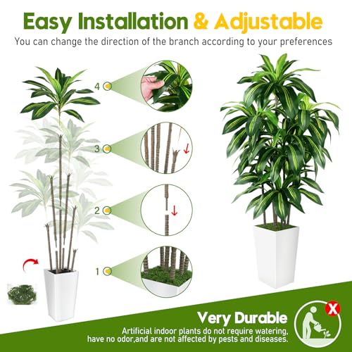 White 5FT Artificial Dracaena Tree Indoor with Planter - Realistic Faux Plant