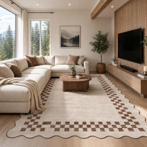 Machine Washable 8x10 Rug for Living Room - Scalloped Beige Large Bedroom Rug