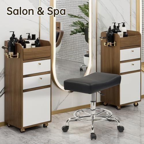 Heavy Duty Extra Wide Rolling Stool PU Leather Thickened Seat Cushion with Foot Rest Adjustable Height Swivel with Wheels for Spa Salon Tattoo Work Massage Barstool, Black, 1 Pack