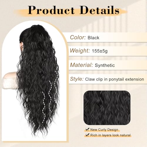 Black 26 Inch Curly Ponytail Extension with Claw Clip - Natural Look