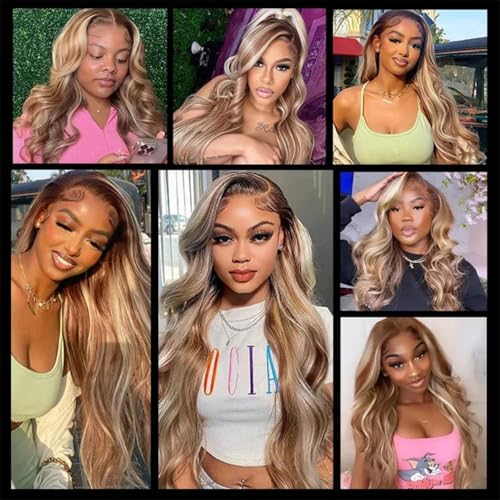 16 Inch Blonde Highlight Lace Front Human Hair Wig with HD Transparent Lace