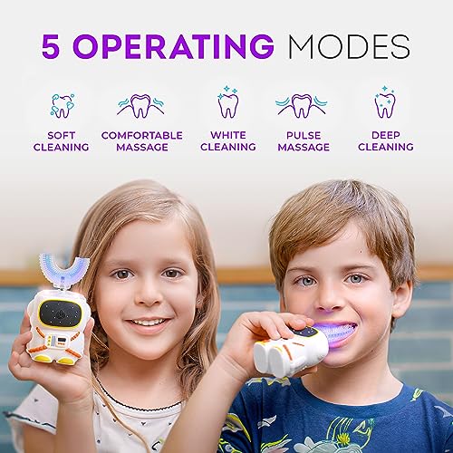 Kids U-Shaped Electric Toothbrush - Sensory Design for Ages 2-7, White - Astronaut Theme