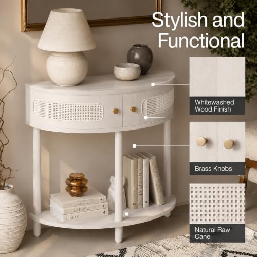 Weathered White Half Moon Entry Table - Modern Cane Console with Storage