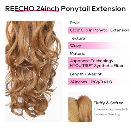 REECHO 24 Inch Curly Wavy Ponytail Extension - Strawberry Blonde Clip-In Hairpiece for Women