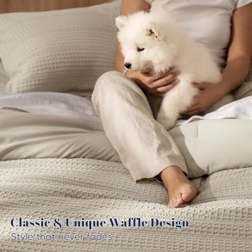 King Size Waffle Comforter Set with Pillow Shams - Natural Linen, Breathable & Lightweight Bedding for All Seasons