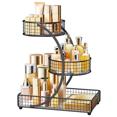 HBlife Makeup Organizer for Vanity, 3 Tier Metal Bathroom Countertop Organizers Skin Care Storage, Bathroom Counter Shelf Skincare Holder Perfume Cosmetic Display, Black