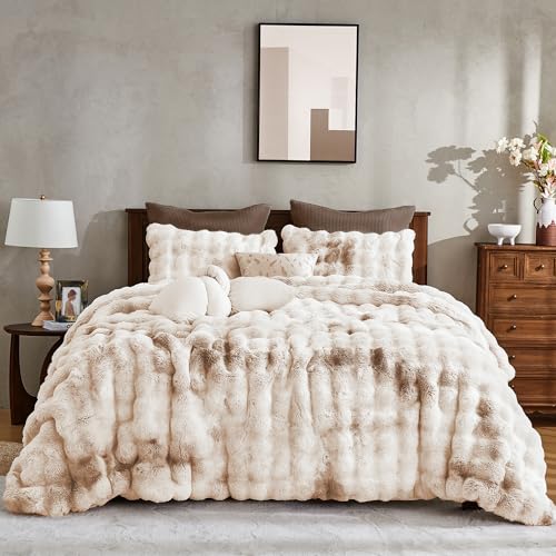 Wonderful Faux Rabbit Fur Queen Comforter Set Tie Dye Beige Plush Bedding Winter
