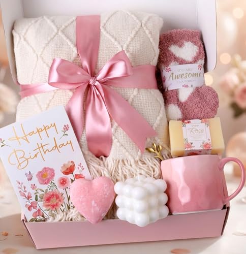 Pink Rose Birthday Spa Gift Basket with Plush Knit Blanket - Coralogo
