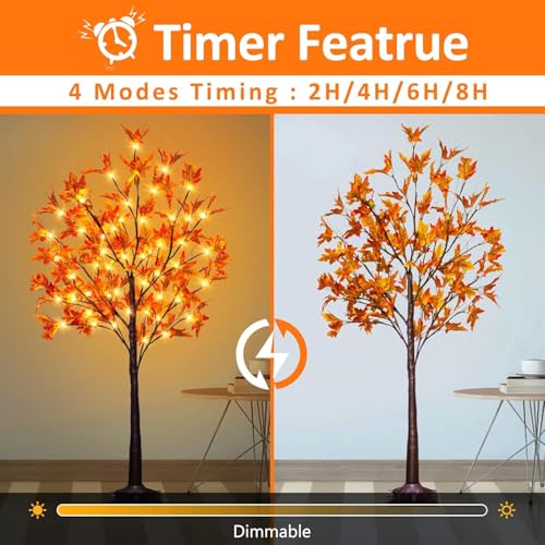 4Ft Lighted Artificial Maple Tree for Fall & Thanksgiving Decor, 60 LED Dimmable & Flashing Modes
