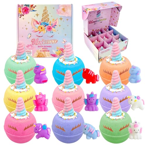 Clear&Fresh Unicorn Bath Bombs for Kids with Surprise Squishy Toys Inside - 9 Pack, New Unicorn