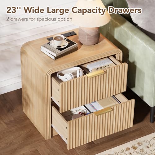 Oak Fluted Nightstand with Charging Station - 2 Drawers, 23-Inch Wide