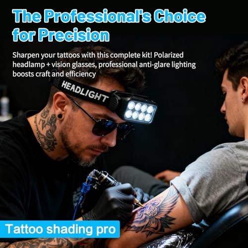 Rechargeable LED Headlamp with Motion Sensor & Polarized Glasses for Tattoo Artists - 2500 Lumens - 1 Headlamp