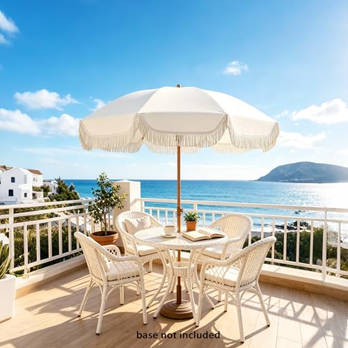 Seazul 6.5ft Patio Umbrella with Fringe – Elegant Cream, Tilt, Anti-Rust Aluminum Pole