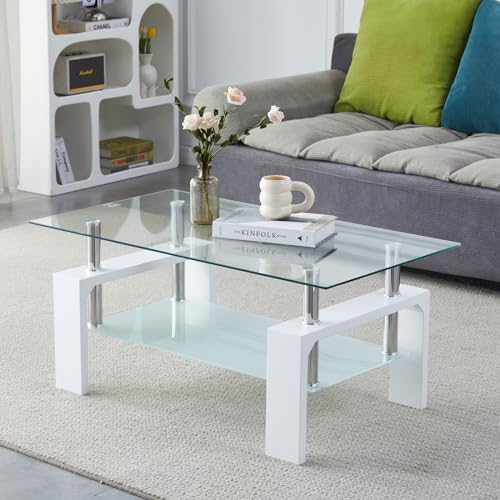 Kebynti White Rectangular Glass Coffee Table - Modern Living Room Furniture