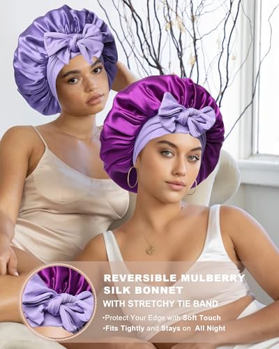 2 Pack Reversible Mulberry Silk Sleep Bonnet for Women - Dark Purple + Light Purple