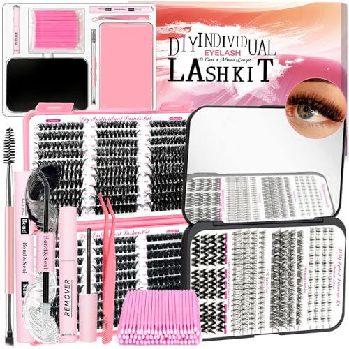 DIY Lash Extension Kit 772Pcs D Curl 4 styles Individual Lash with Bottom Lash Clusters Lash Bond and Seal,Quick Glue Remover Tweezers Eyelash Brush Mini Applicator (LASH003)