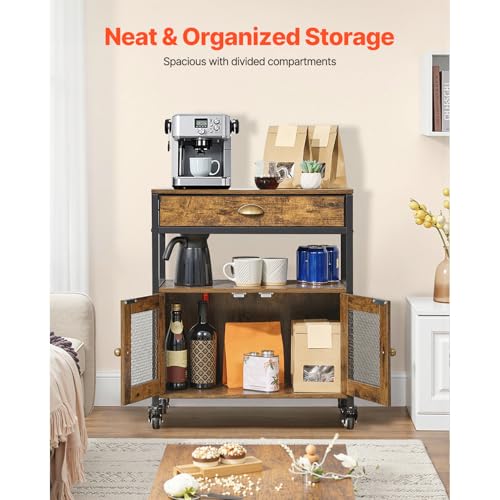 Farmhouse Coffee Bar Cabinet with Wheels & Mesh Doors - Rustic Kitchen Storage