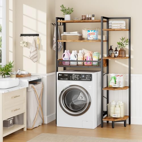 Roxibelt Rustic Brown Over Toilet Storage Shelf 7-Tier with Basket & Hooks