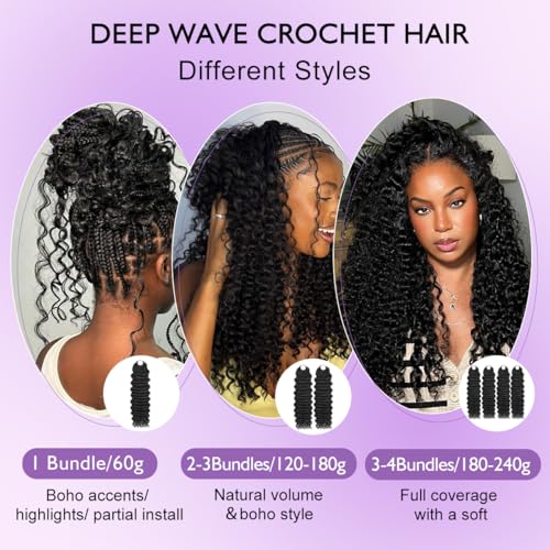 Deep Wave Crochet Hair 120g 16 Inch Knotless Pre-Separated Natural Black - 1B-DW