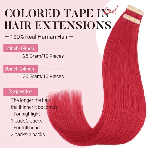 MAXITA Colored Hair Extensions Tape Ins - Highlighted Human Hair, 20 Inch, 10PCS, Red Hot Variation